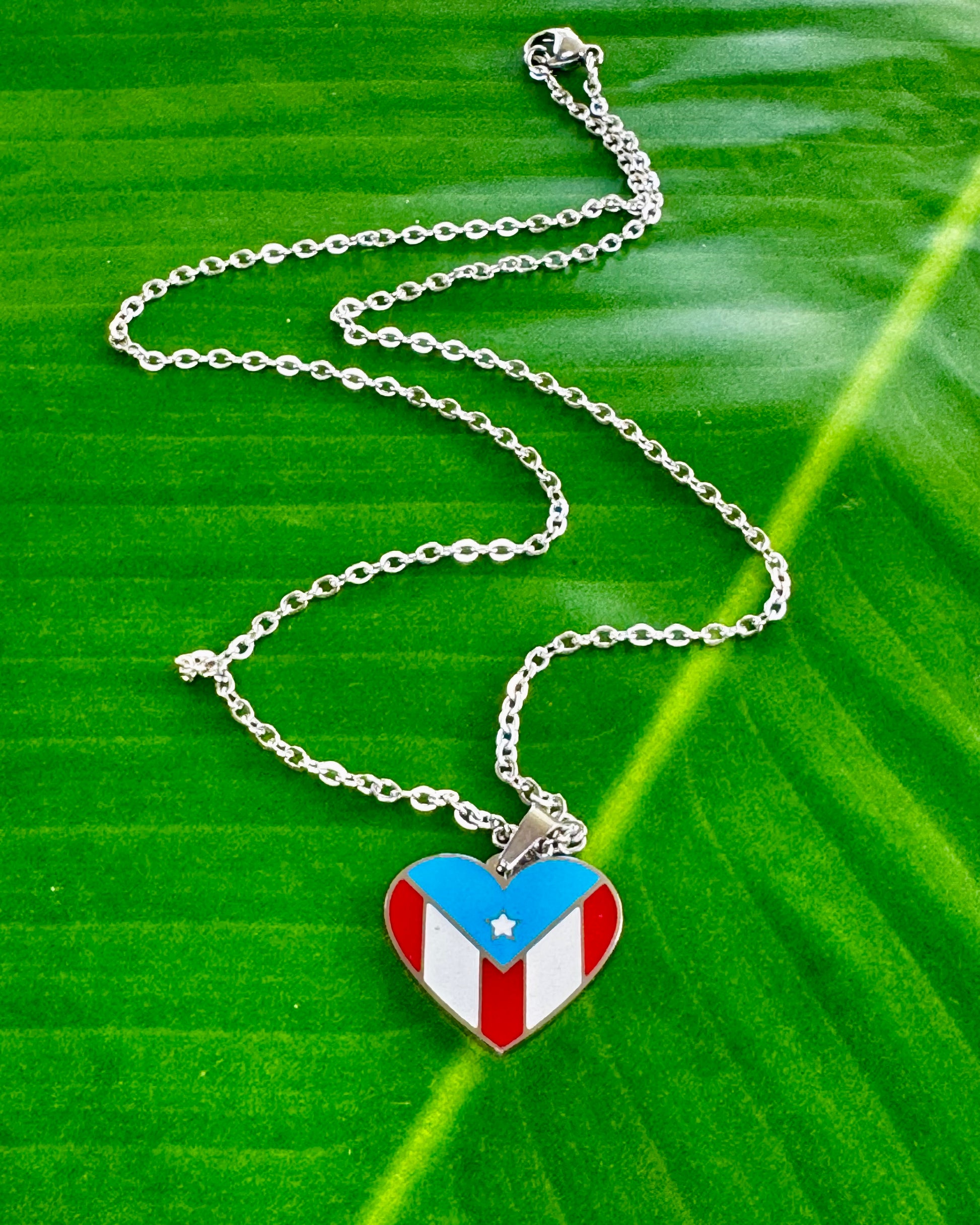17½-inch stainless steel necklace with heart-shaped charm displaying the Puerto Rico flag, symbolizing love and pride for the island.
