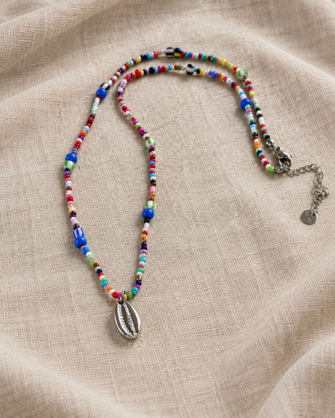 Multicolor Beaded Necklace with Stainless Steel Shell Pendant