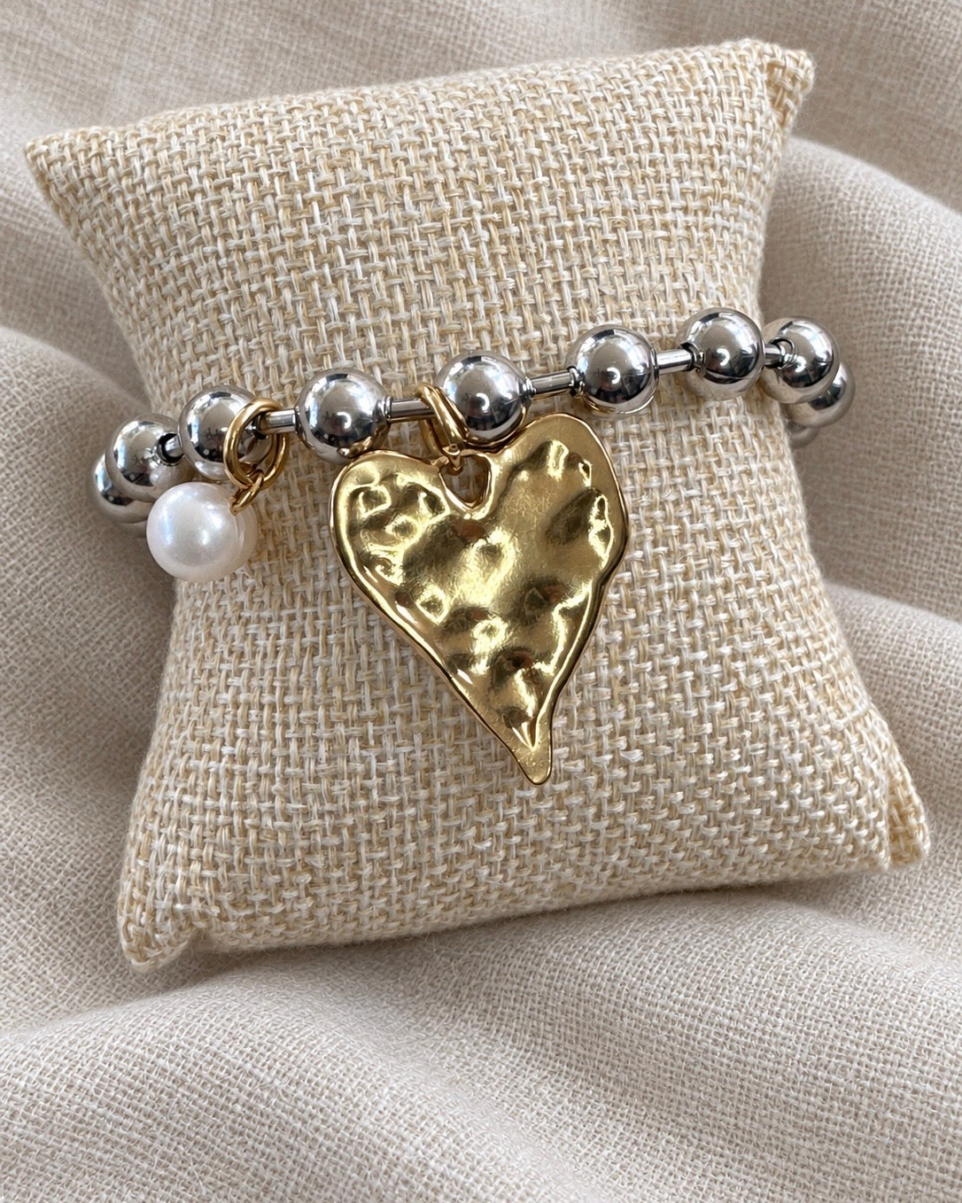 Two-Tone Stainless Steel Heart & Pearl Bracelet