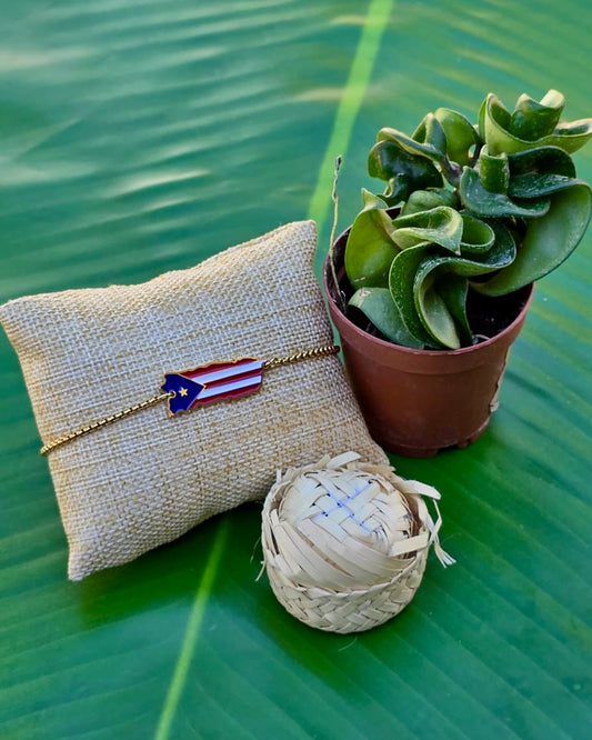 Stainless steel bracelet featuring the map of Puerto Rico adorned with the Puerto Rican flag, available in silver and gold colors.