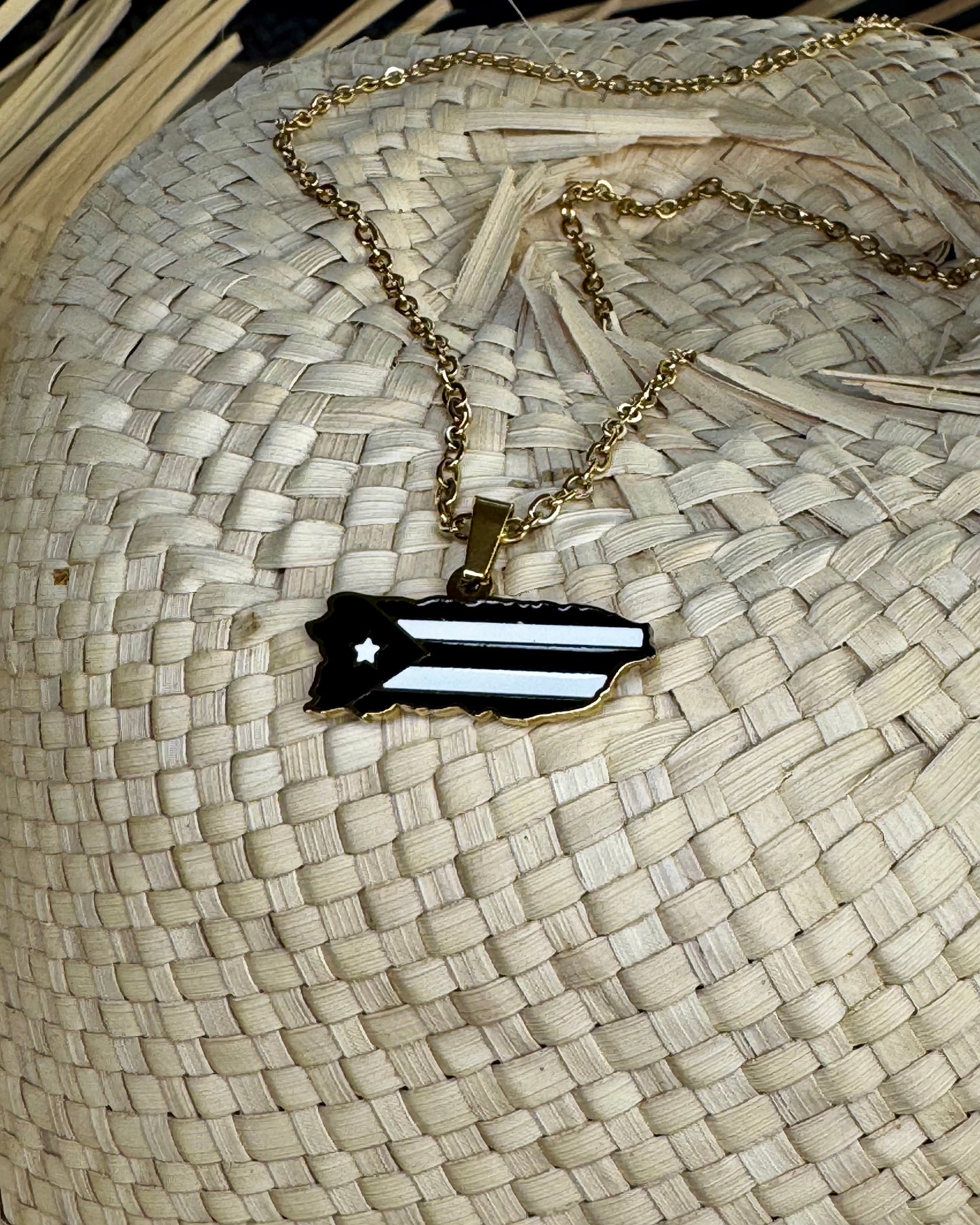 17½-inch stainless steel necklace with Puerto Rico charm in black/gold, gold/gold, or gray stainless steel, celebrating Puerto Rican pride