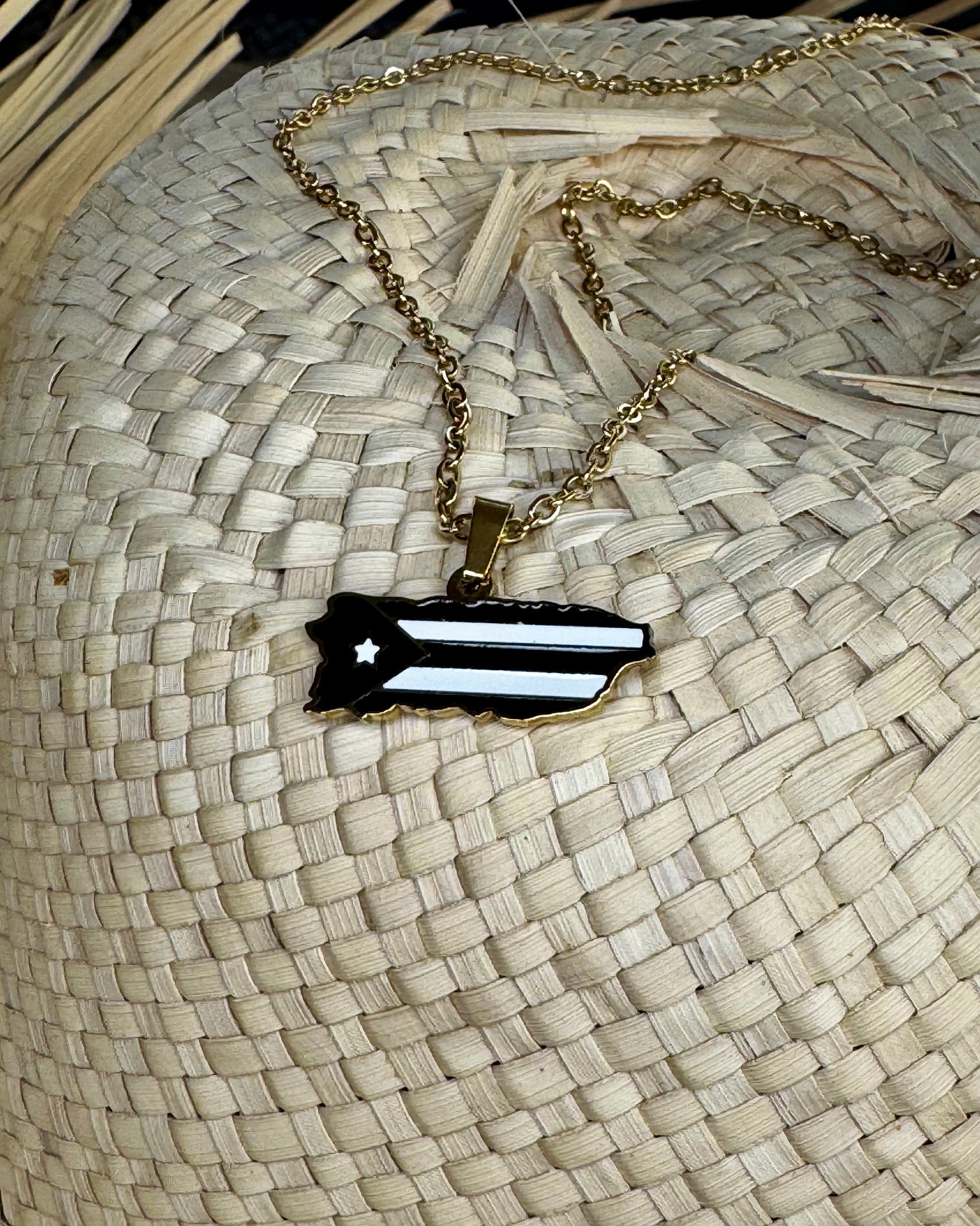 17½-inch stainless steel necklace with Puerto Rico charm in black/gold, gold/gold, or gray stainless steel, celebrating Puerto Rican pride