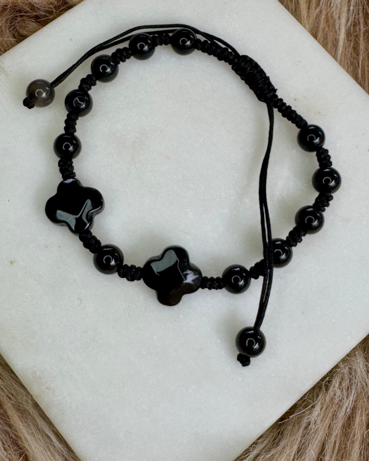 Black Obsidian Flower Adjustable Bracelet