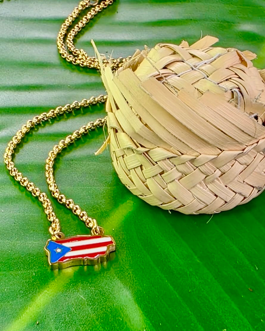 18-inch stainless steel necklace with colorful Puerto Rico map pendant