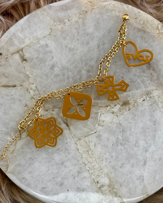 2 Layer Stainless Steel Gold Charm Bracelet