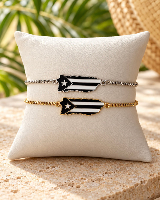 Black Puerto Rican Flag Adjustable Bracelet – Stainless Steel