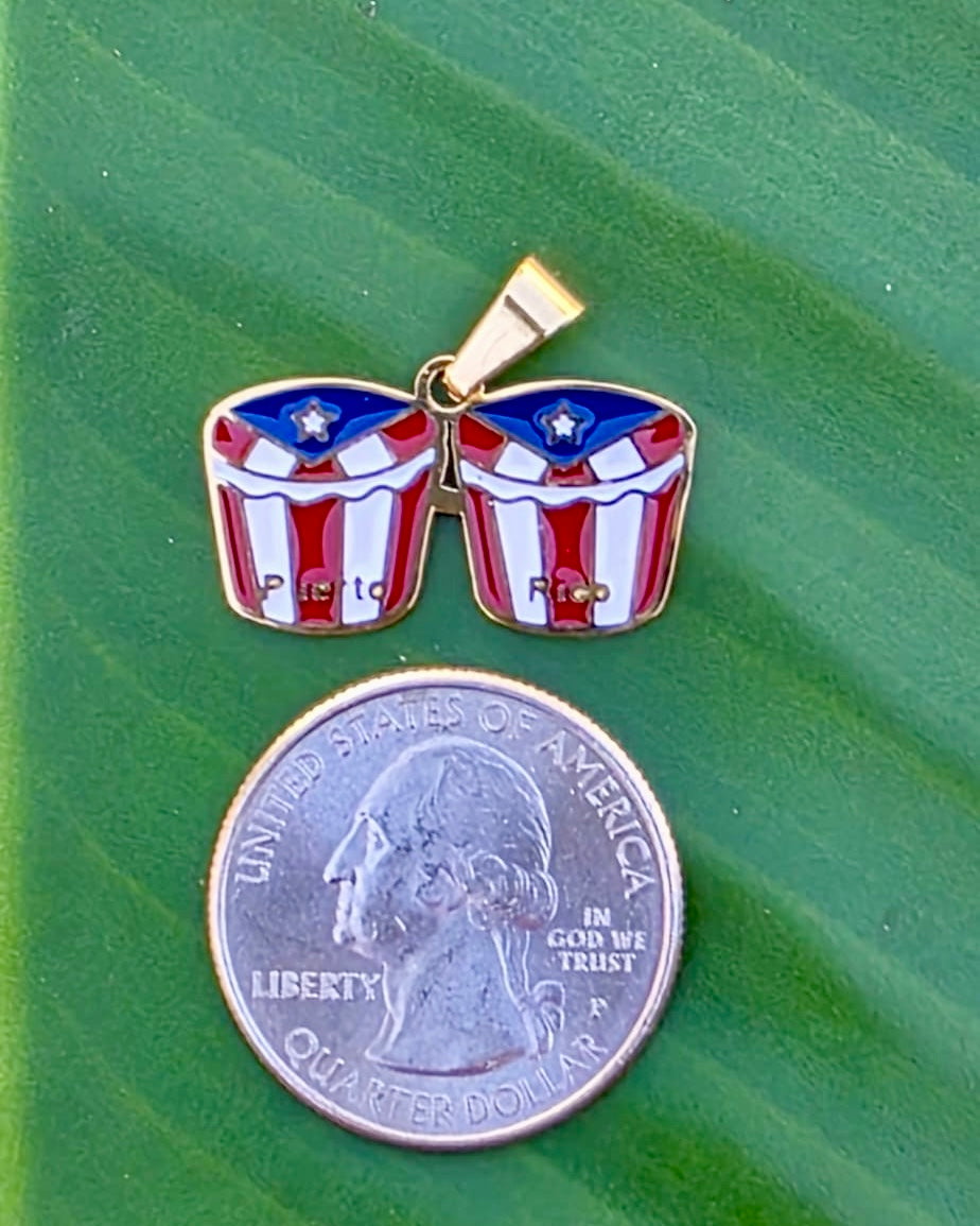 Puerto Rico flag bongo drum charm in polished gold stainless steel