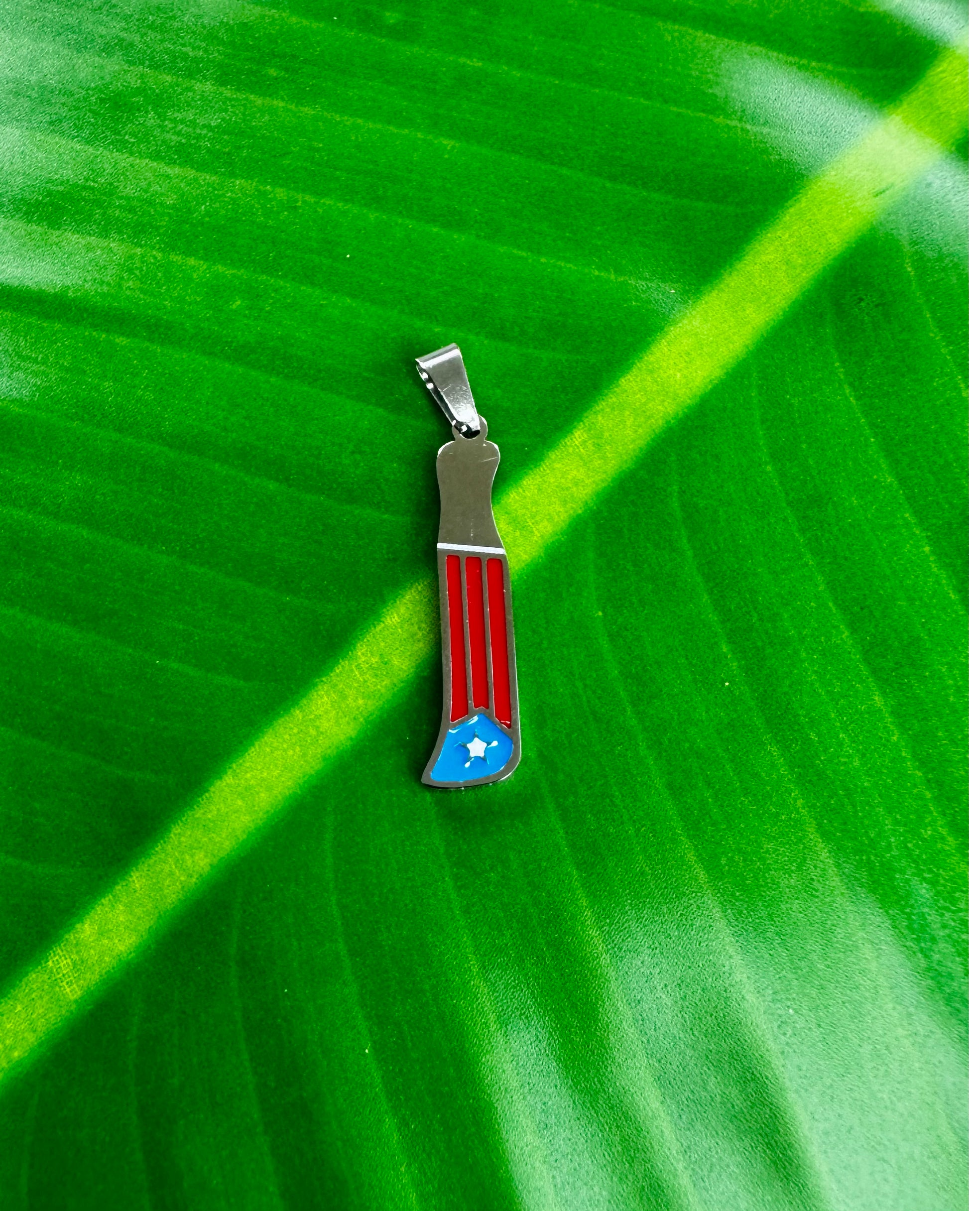Stainless Steel machete charm, Boricua jewelry accessory, water- resistant and durable.