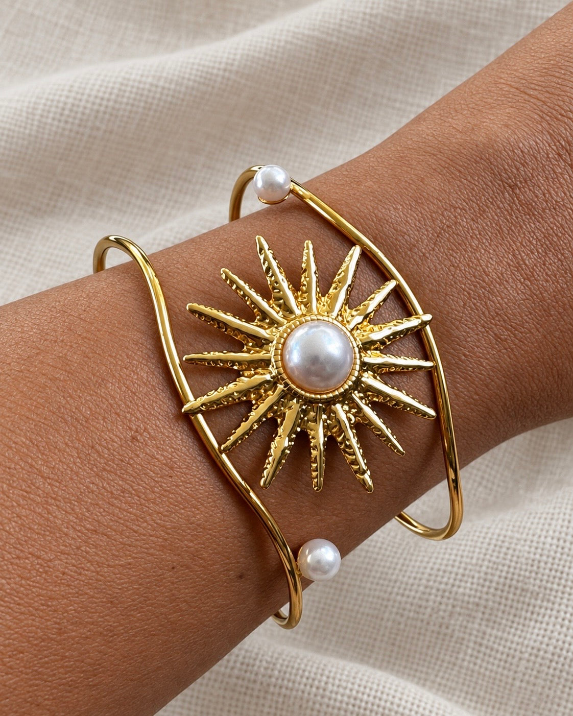 Sunburst & Pearl Stainless Steel Cuff Bracelet
