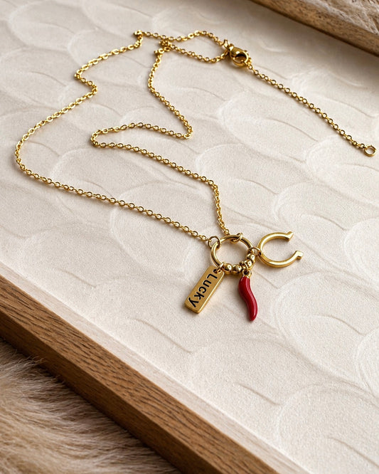 Lucky Charm Necklace – Gold Stainless Steel Multi-Charm Pendant (18”)