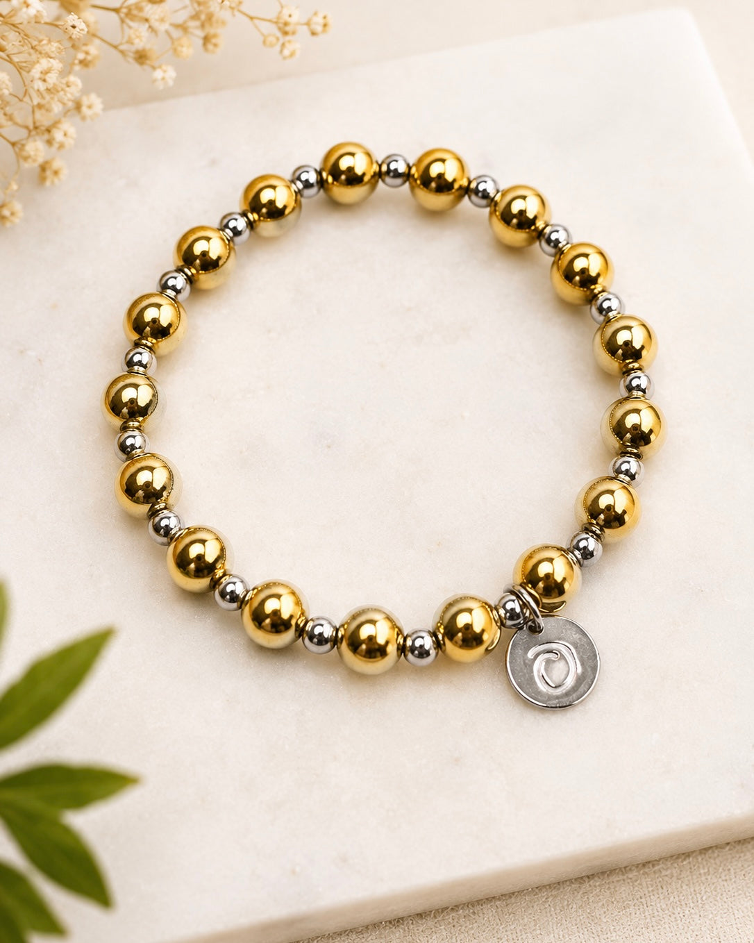 Two-Tone Stainless Steel Bead Bracelet – Gold & Silver | Stretch Fit