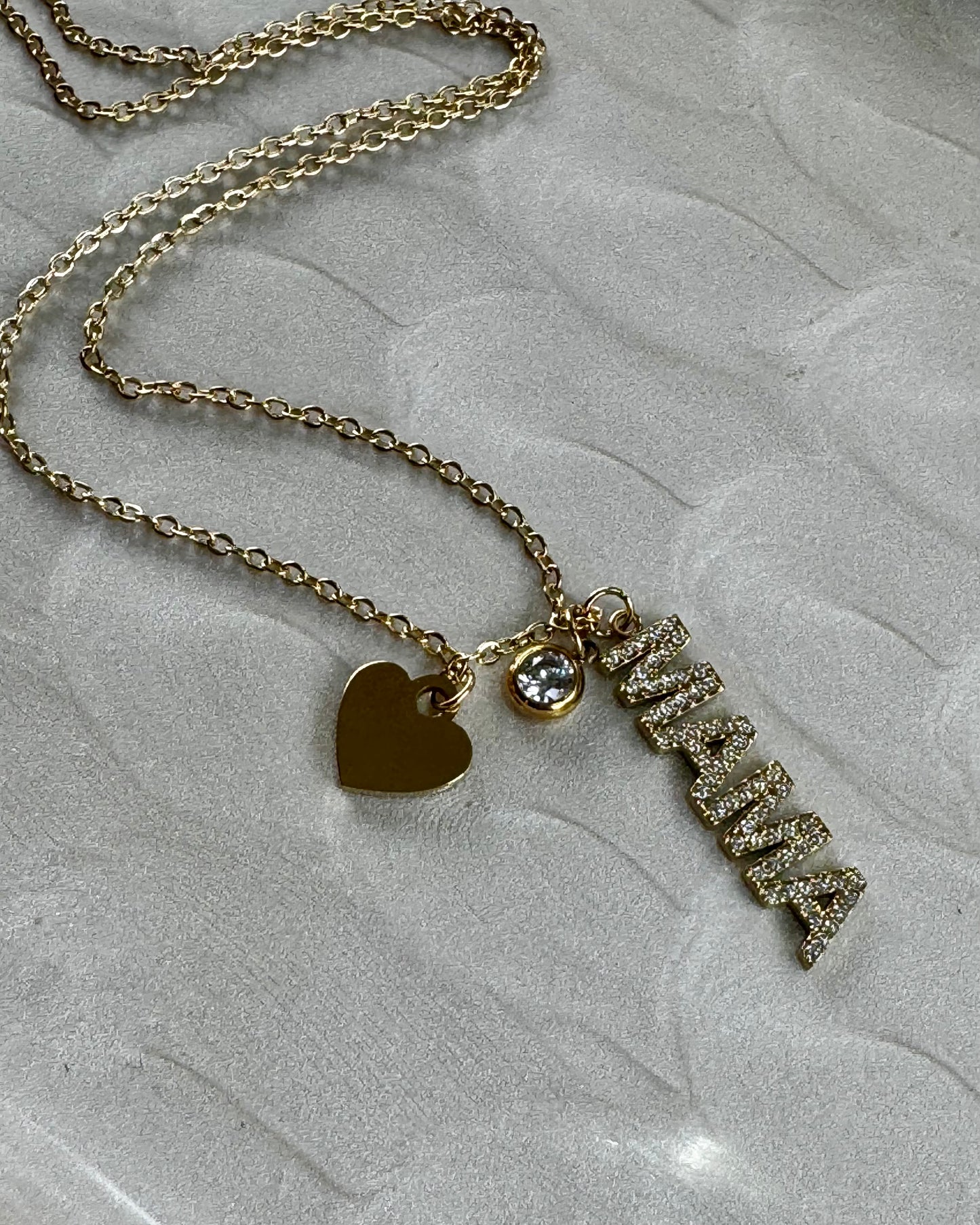 Gold Stainless Steel “Mama” Rhinestone Necklace with Heart Charm