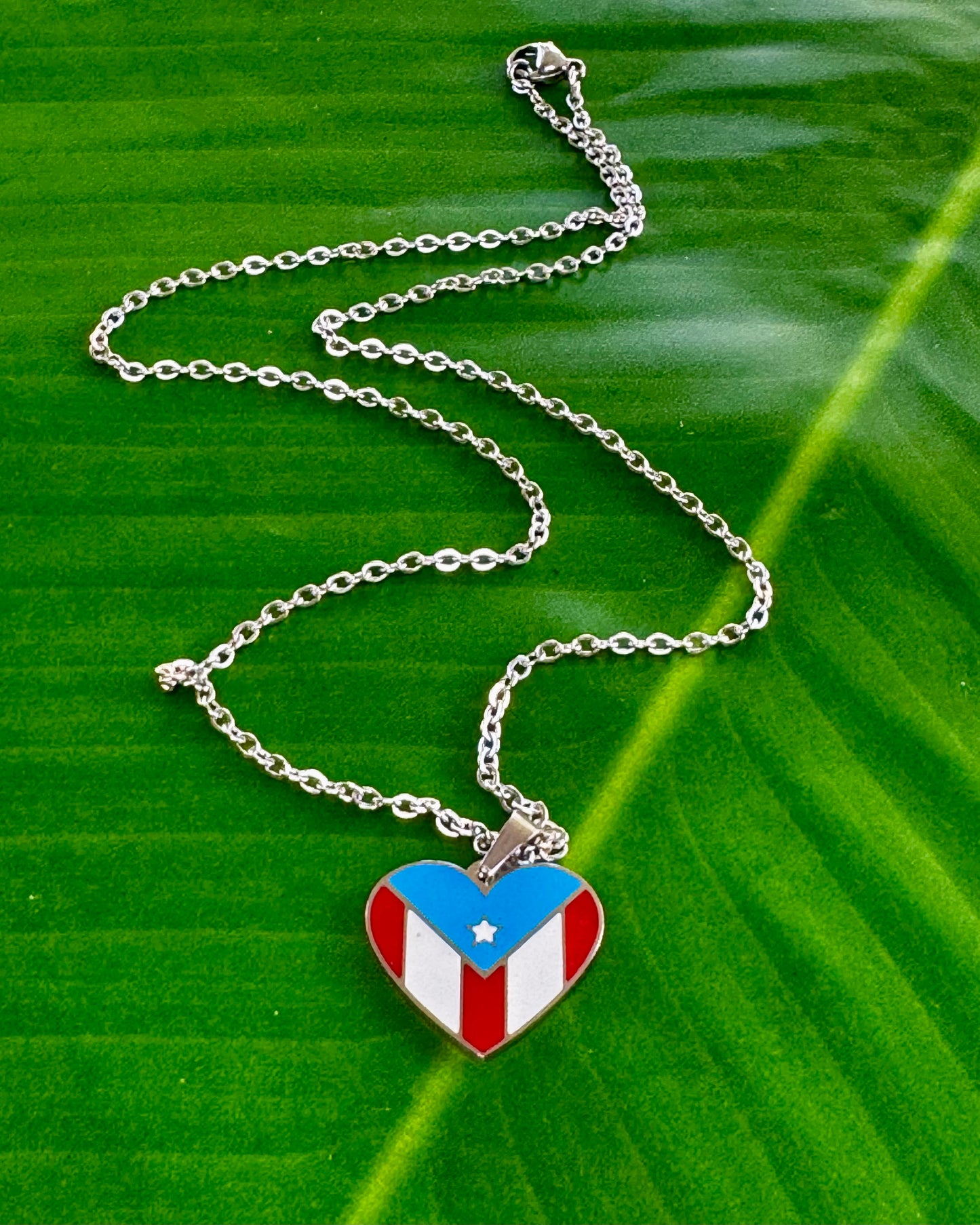 17½-inch stainless steel necklace with heart-shaped charm displaying the Puerto Rico flag, symbolizing love and pride for the island.