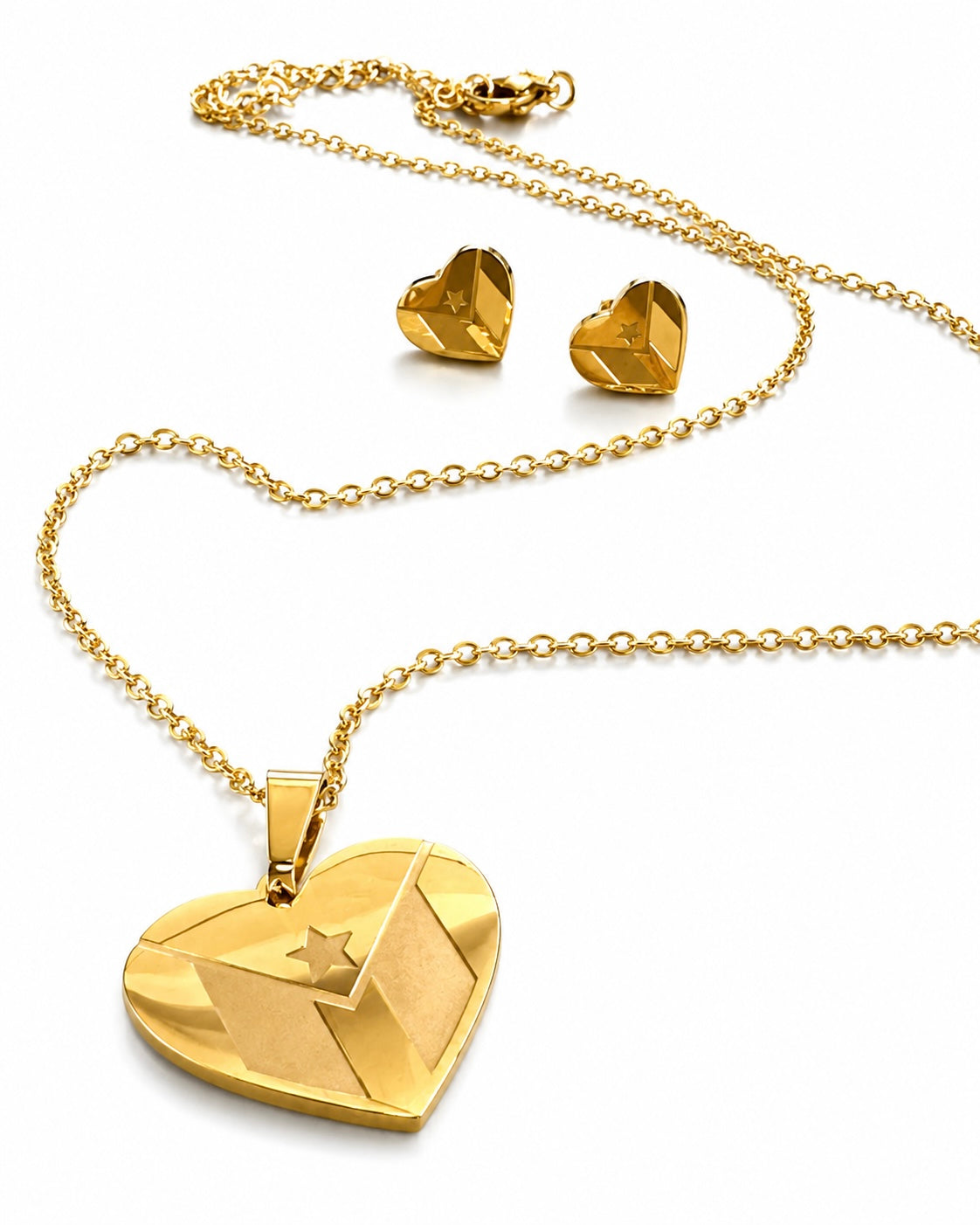 Puerto Rico Gold Flag Stainless Steel Jewelry Set – Heart Design (18” Necklace)