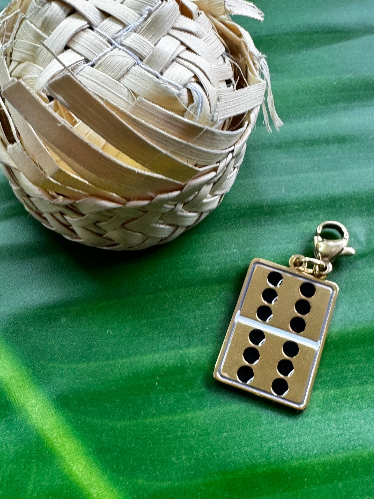 Puerto Rico Dominoes charm in gold and silver stainless steel, cultural jewelry representing the island’s popular game.