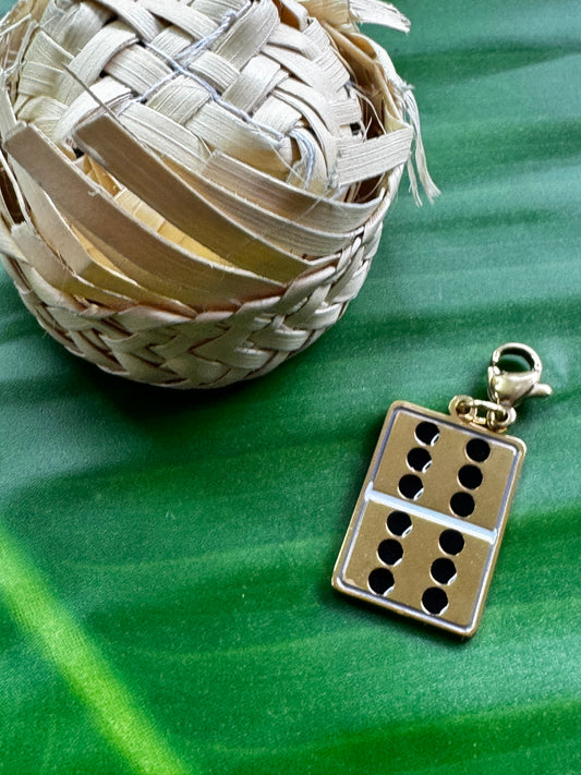 Puerto Rico Dominoes charm in gold and silver stainless steel, cultural jewelry representing the island’s popular game.