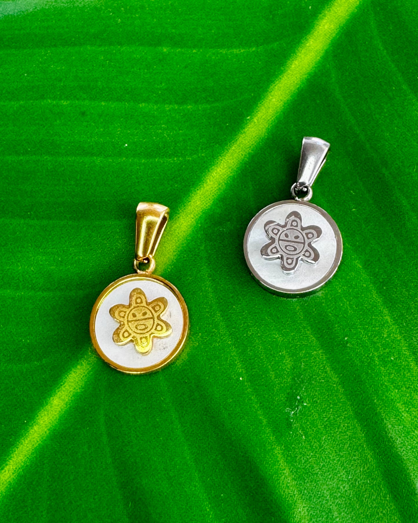 Sol Taíno Charm – Gold & Silver Stainless Steel with Madre Perla Back