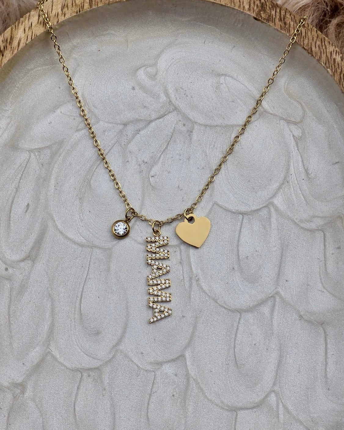 Gold Stainless Steel “Mama” Rhinestone Necklace with Heart Charm