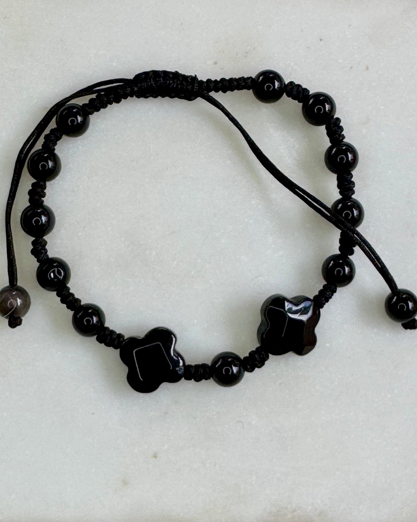 Black Obsidian Flower Adjustable Bracelet