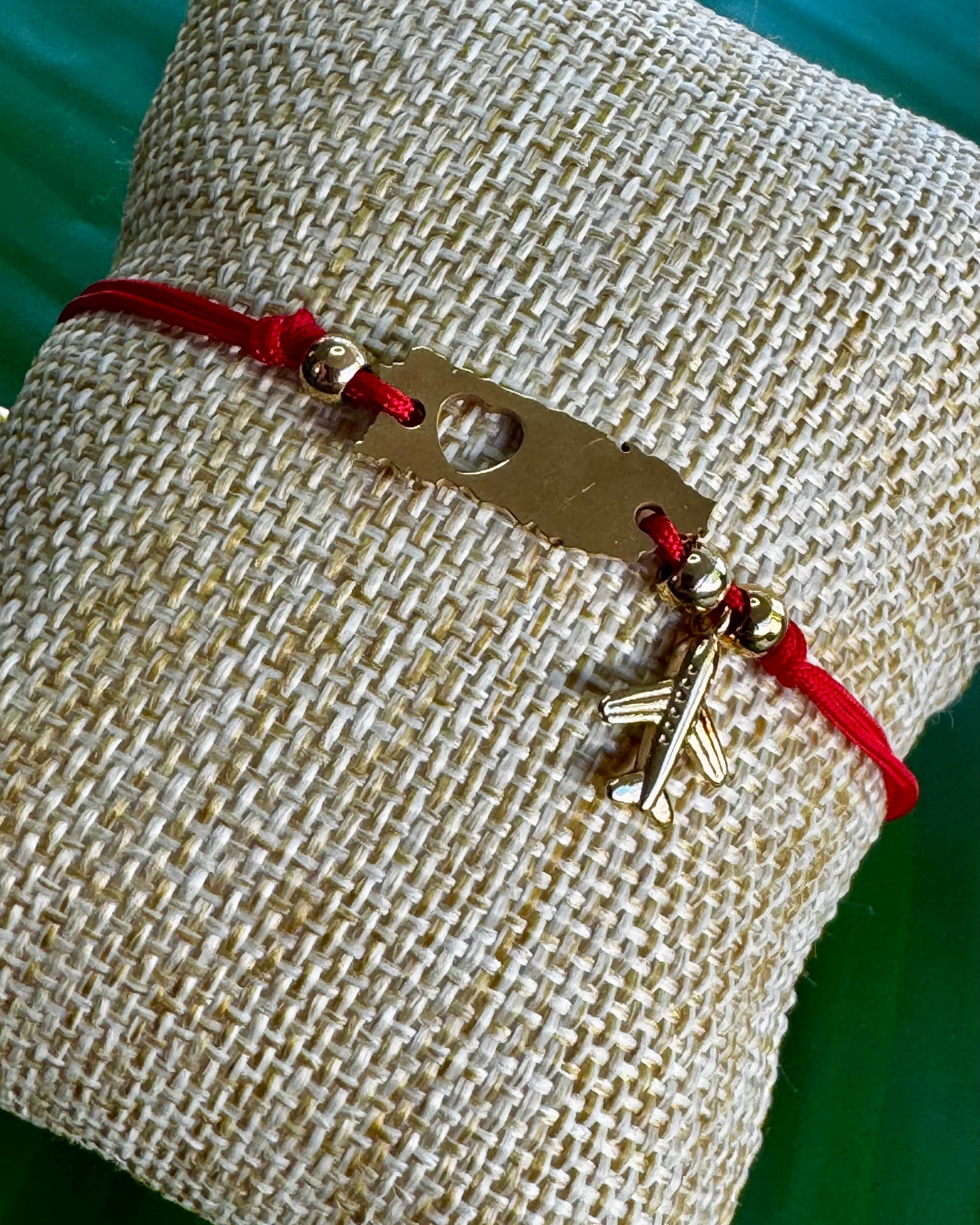 Adjustable Red String Bracelet with PR Heart & Plane Charms
