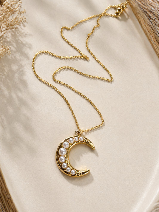Luna Pearl Crescent Necklace – Stainless Steel Moon Pendant with White Pearls (16”)
