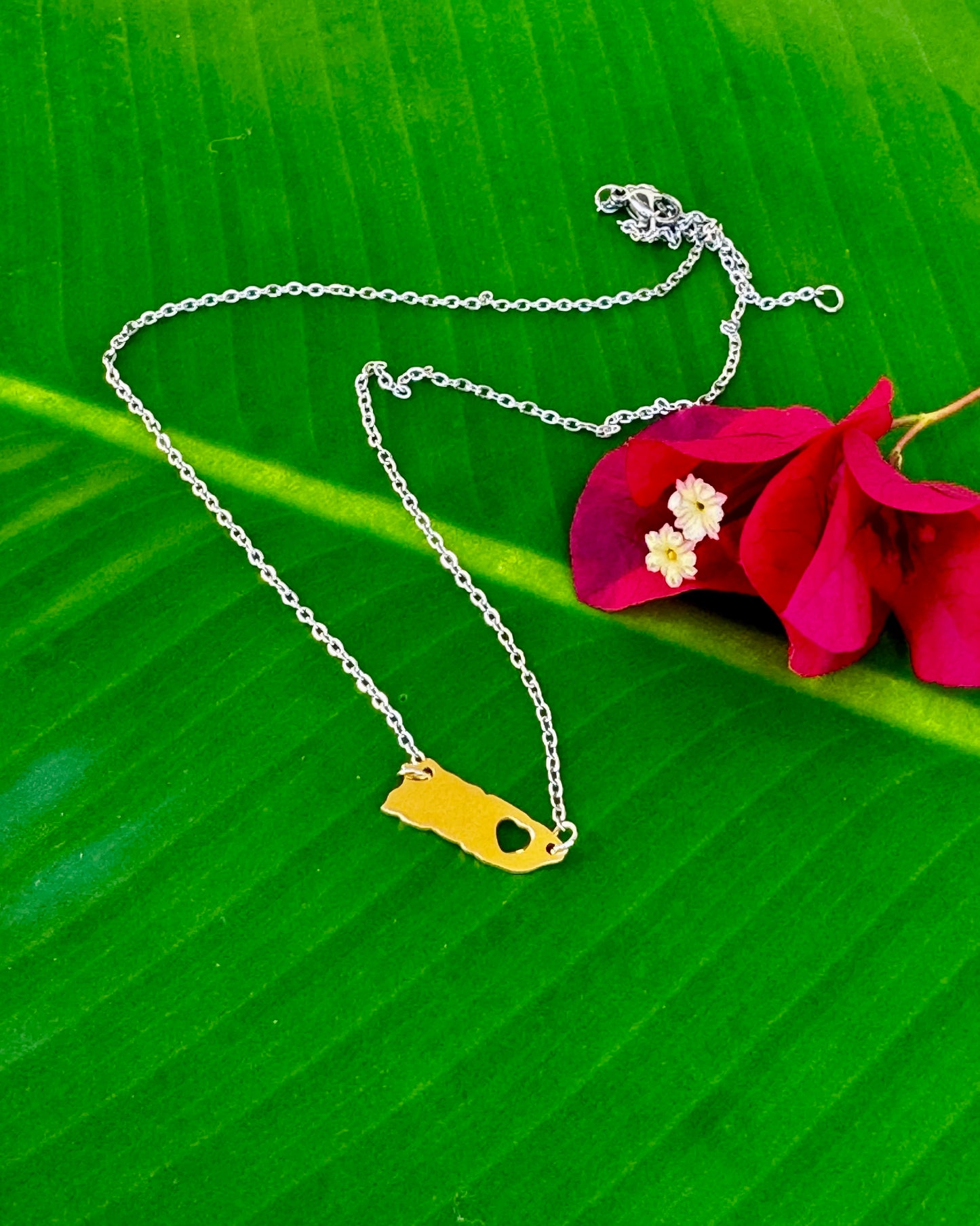 Puerto Rico Map Necklace with Heart – Stainless Steel (17”)