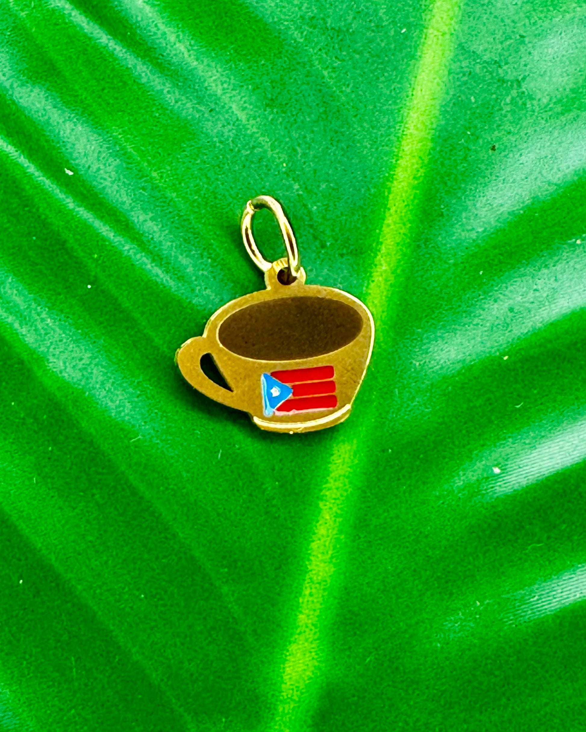 Gold stainless steel Tacita de Café charm featuring the Puerto Rico flag, symbolizing Puerto Rican heritage.