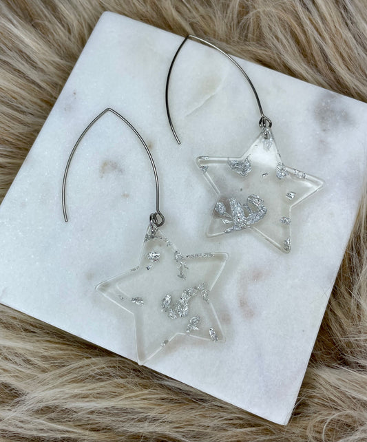 Handmade Clear and Silver Star Earrings