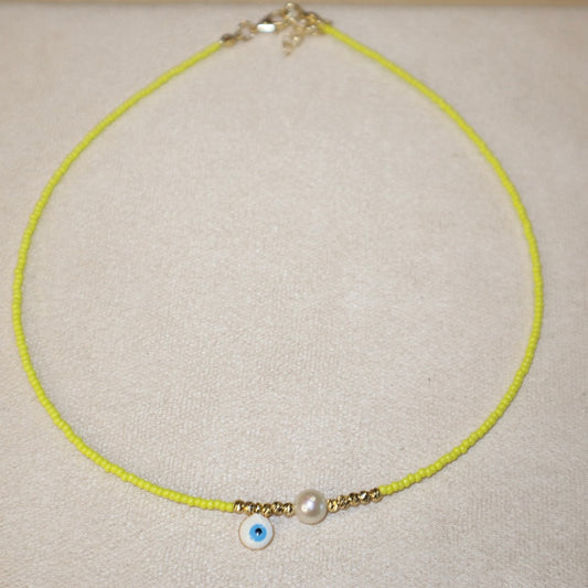 Yellow Evil Eye Necklace with Pearl