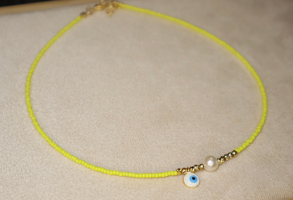 Yellow Evil Eye Necklace with Pearl