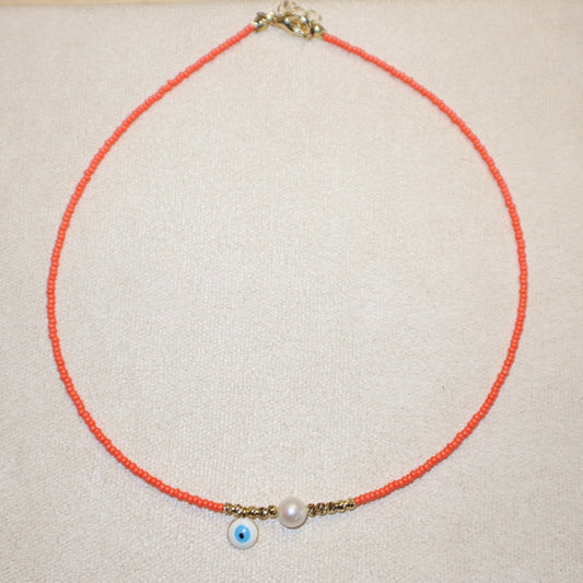 Orange Evil Eye Necklace with Pearl