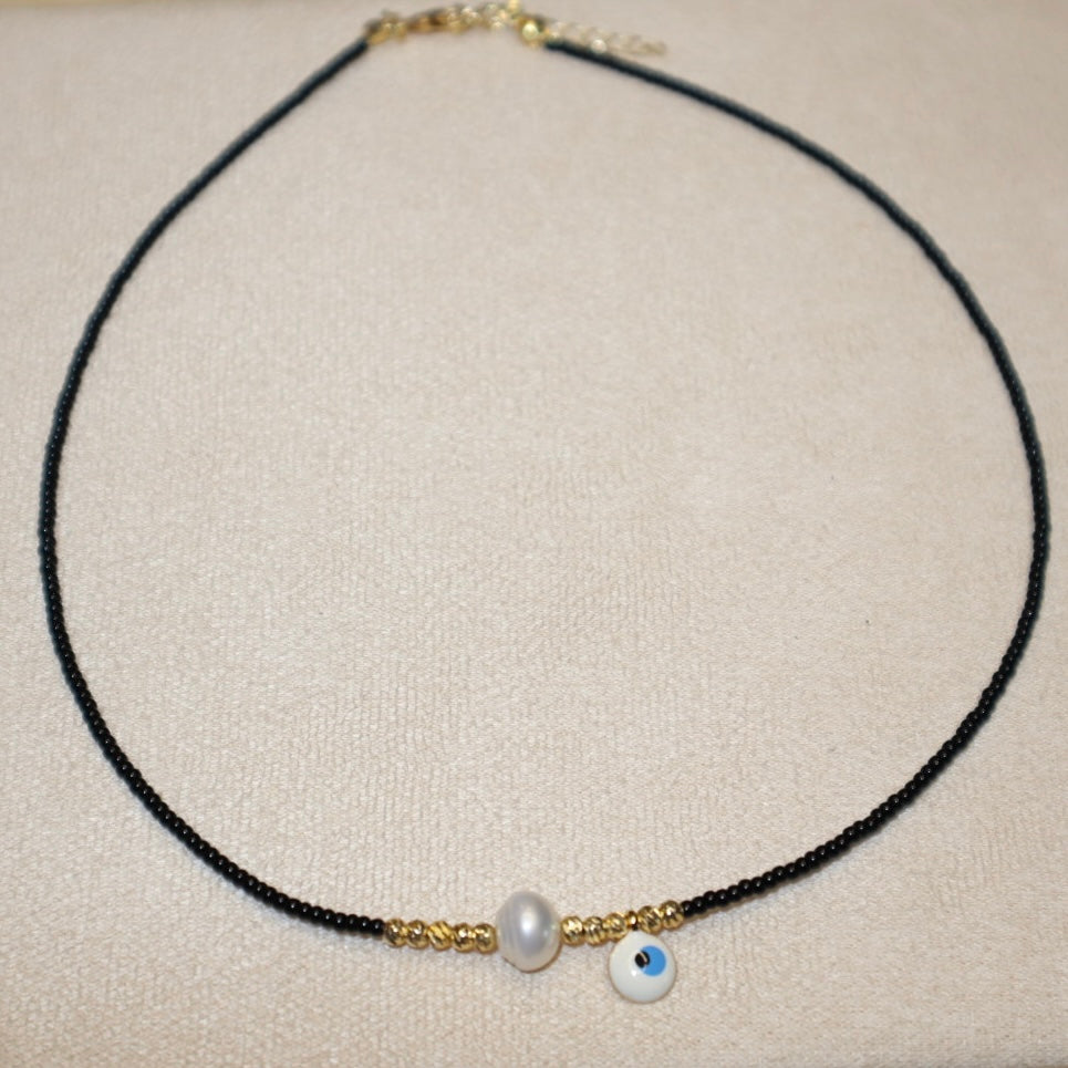 Black Evil Eye Necklace with Pearl