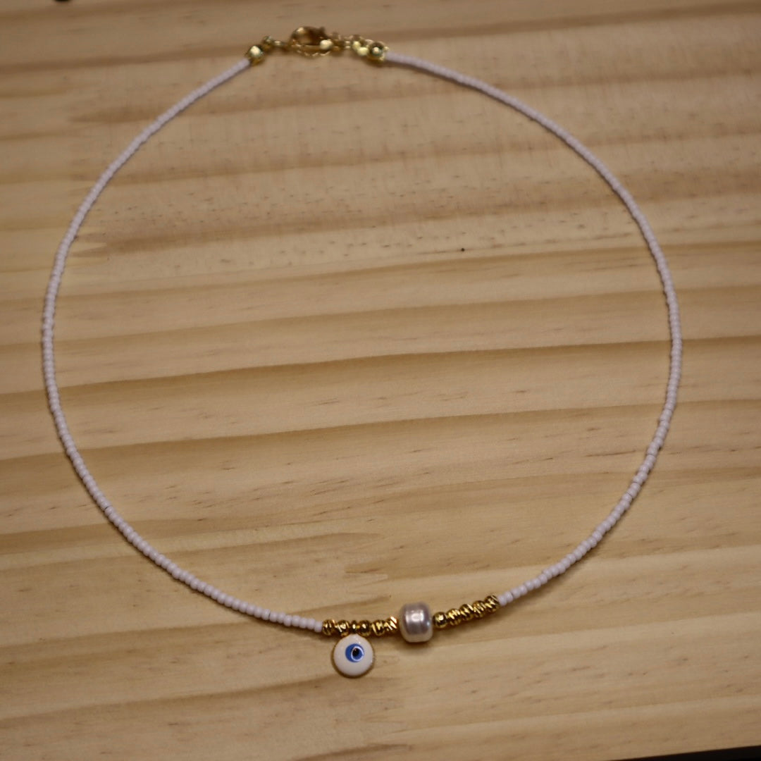 White Evil Eye Necklace with Pearl