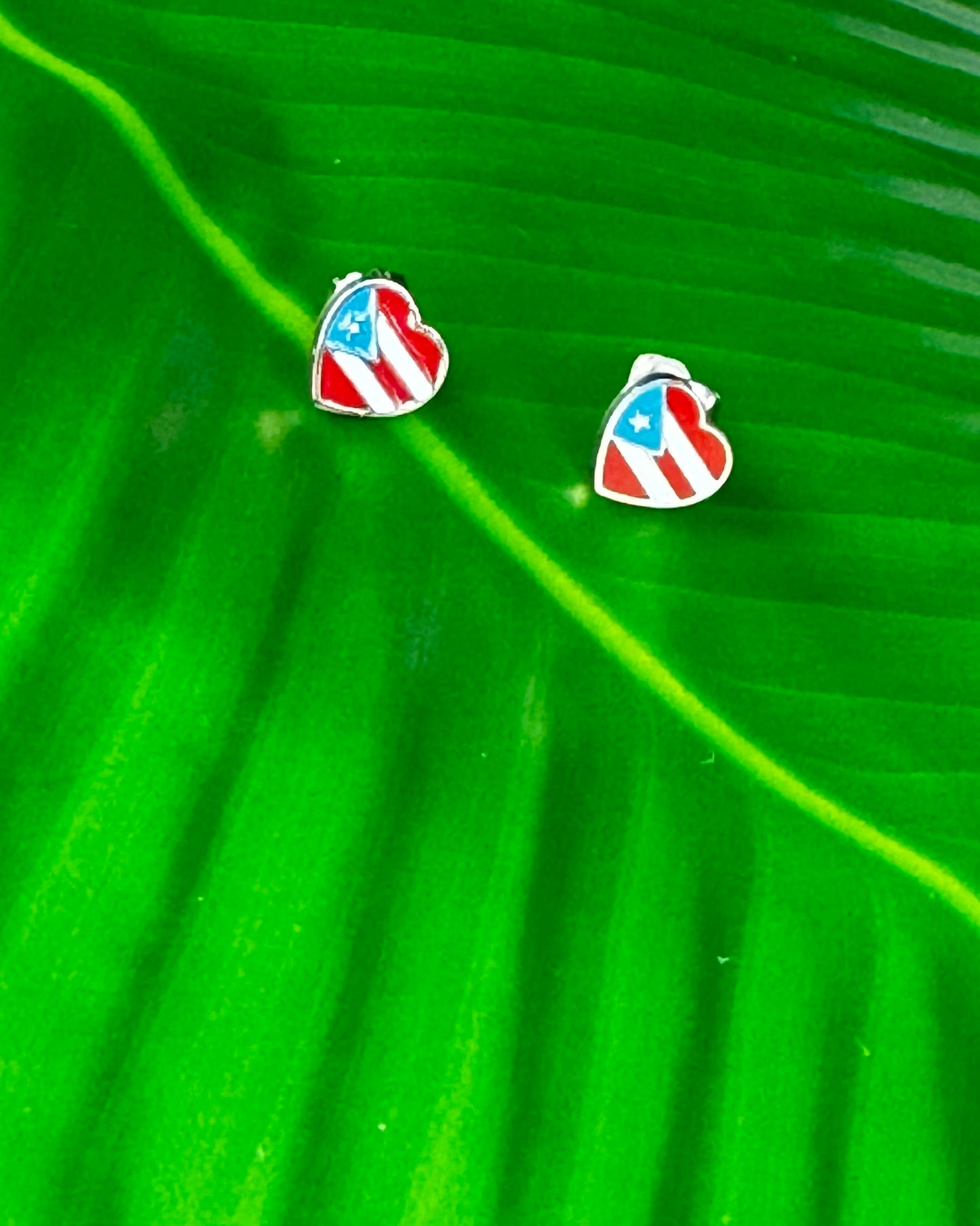 Stainless Steel Heart Stud Earrings with Puerto Rico Flag – Silver or Gold