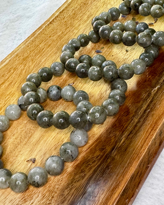 10mm Labradorite crystal bracelet promoting protection, intuition, and spiritual transformation.